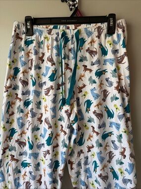 Pajamagram White Dog Print Pajama Pants with Teal Drawstring all cotton small